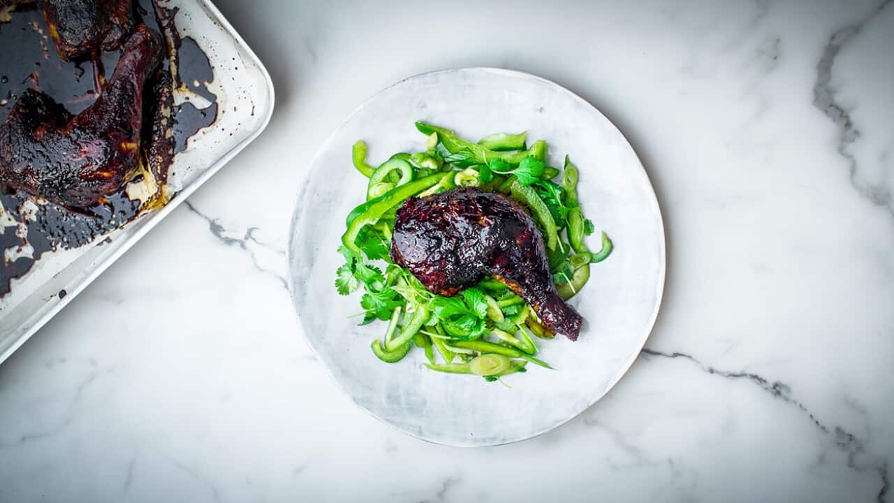 Sticky chicken with sesame and coriander salad