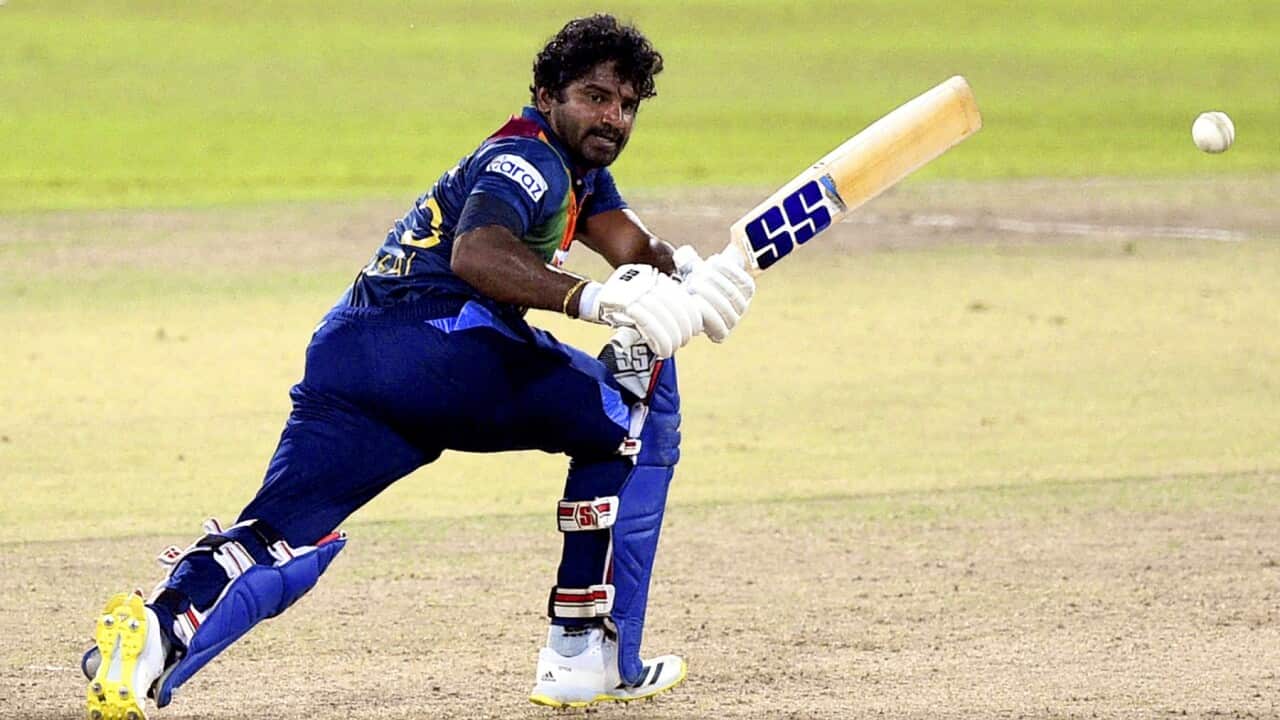 Sri Lanka's Kusal Perera plays a shot during the third and final international Twenty20 cricket match between Sri Lanka and South Africa at the R. Premadasa Stadium in Colombo on September 14, 2021