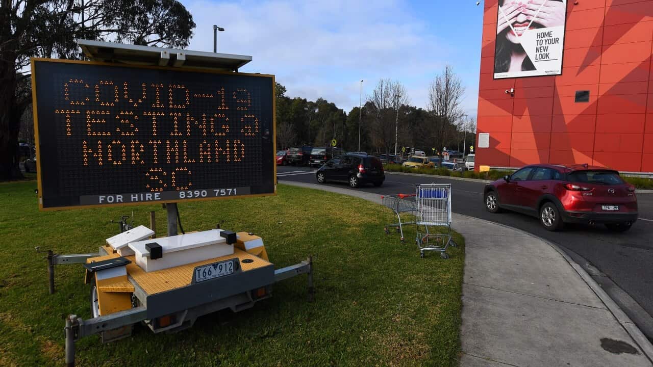 Signage for a COVID-19 testing facility is seen at Northland shopping centre in Melbourne