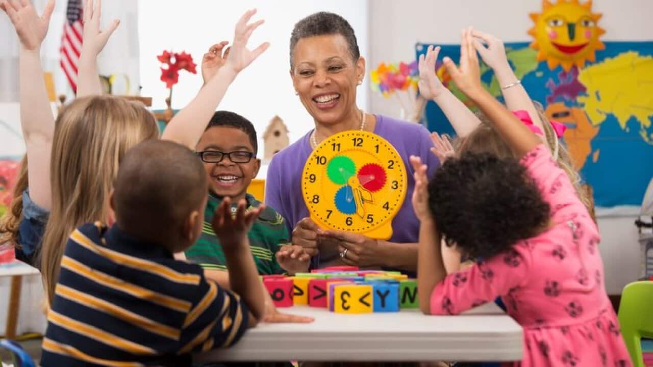 Kindergarten students and teacher reading clock