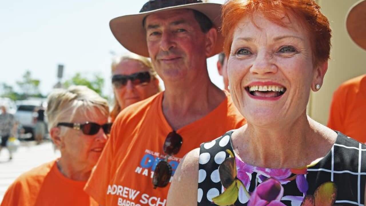 One Nation Leader Pauline Hanson with supporters in Cairns.