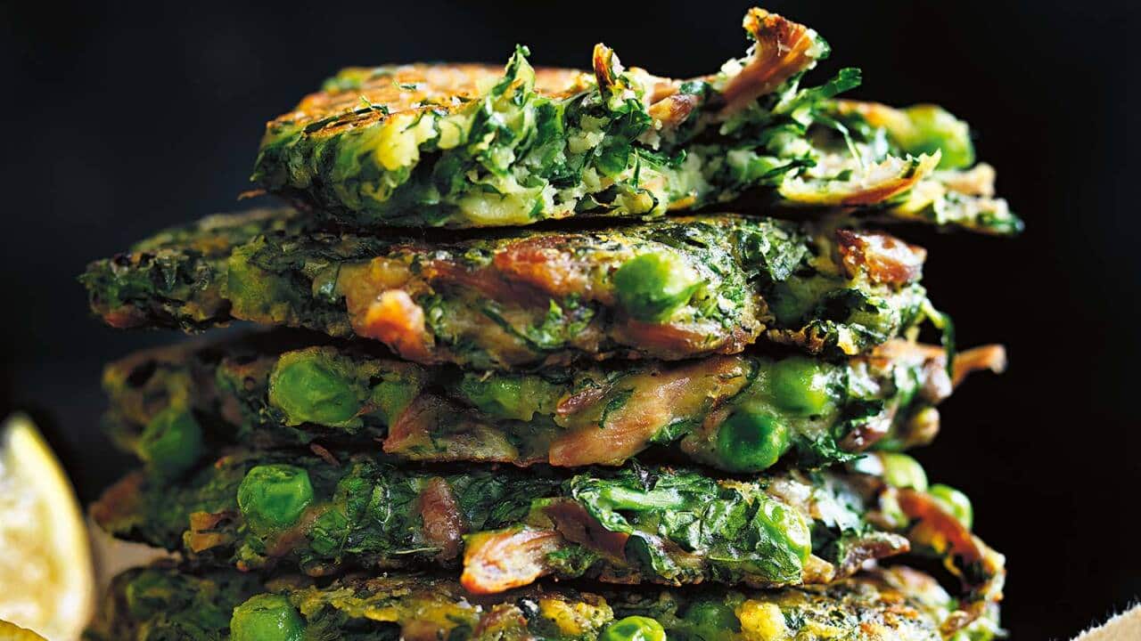Crispy lamb, pea and mint fritters