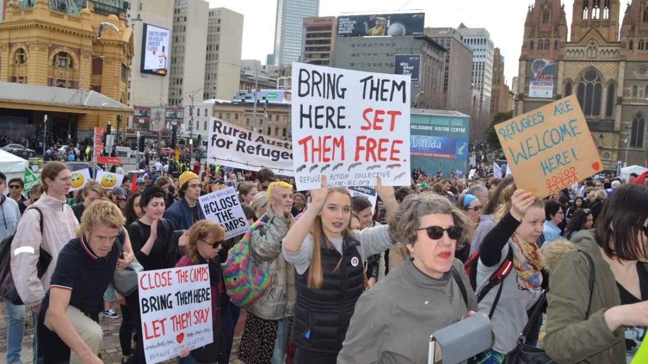Protesters call for immigration detention centers on Nauru and Manus island to close in Melbourne on August 26, 2016.