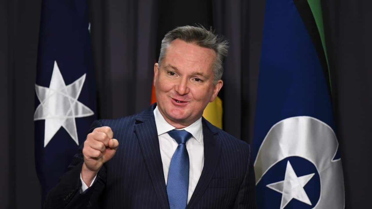Chris Bowen speaking to media in front of flags.