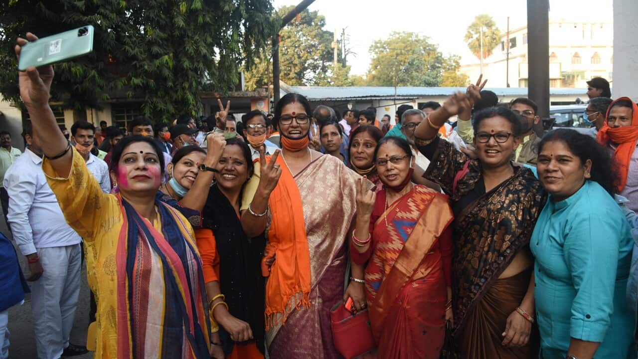 BJP supporters celebrating the NDA’s leads, at BJP office on counting day of Bihar Assembly polls on November 10,
