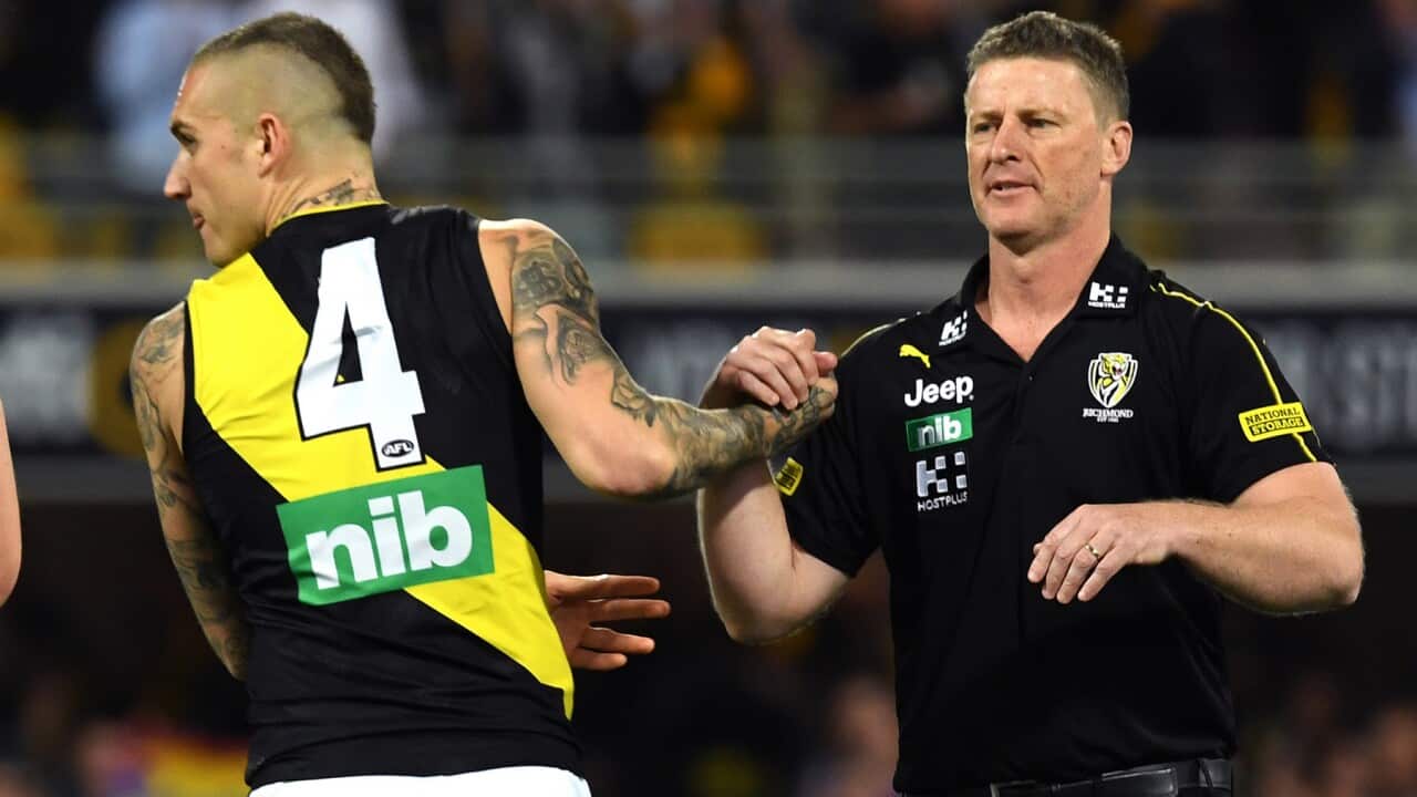Richmond player Dustin Martin and Tigers coach Damien Hardwick