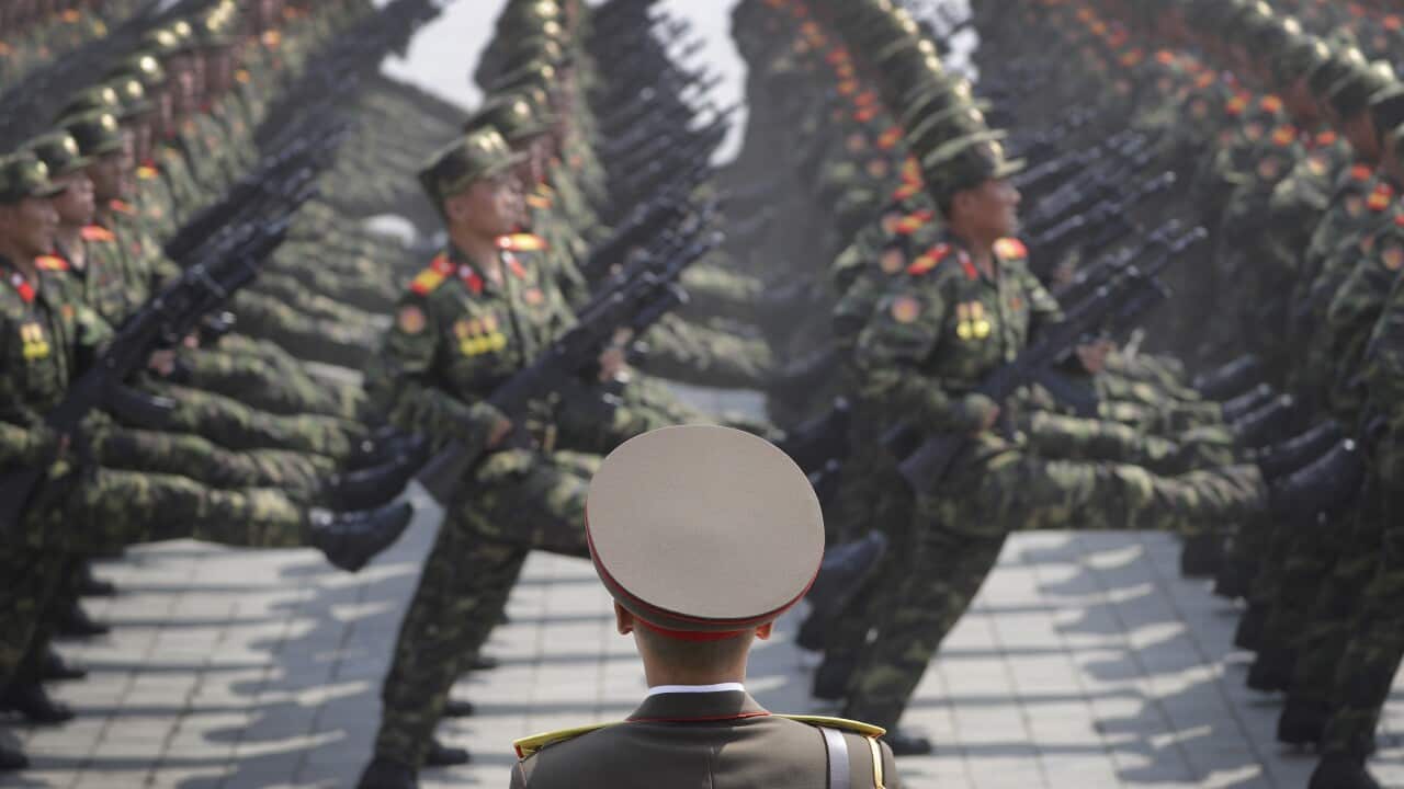 Soldiers march across Kim Il Sung Square during a military parade on Saturday, April 15, 2017.