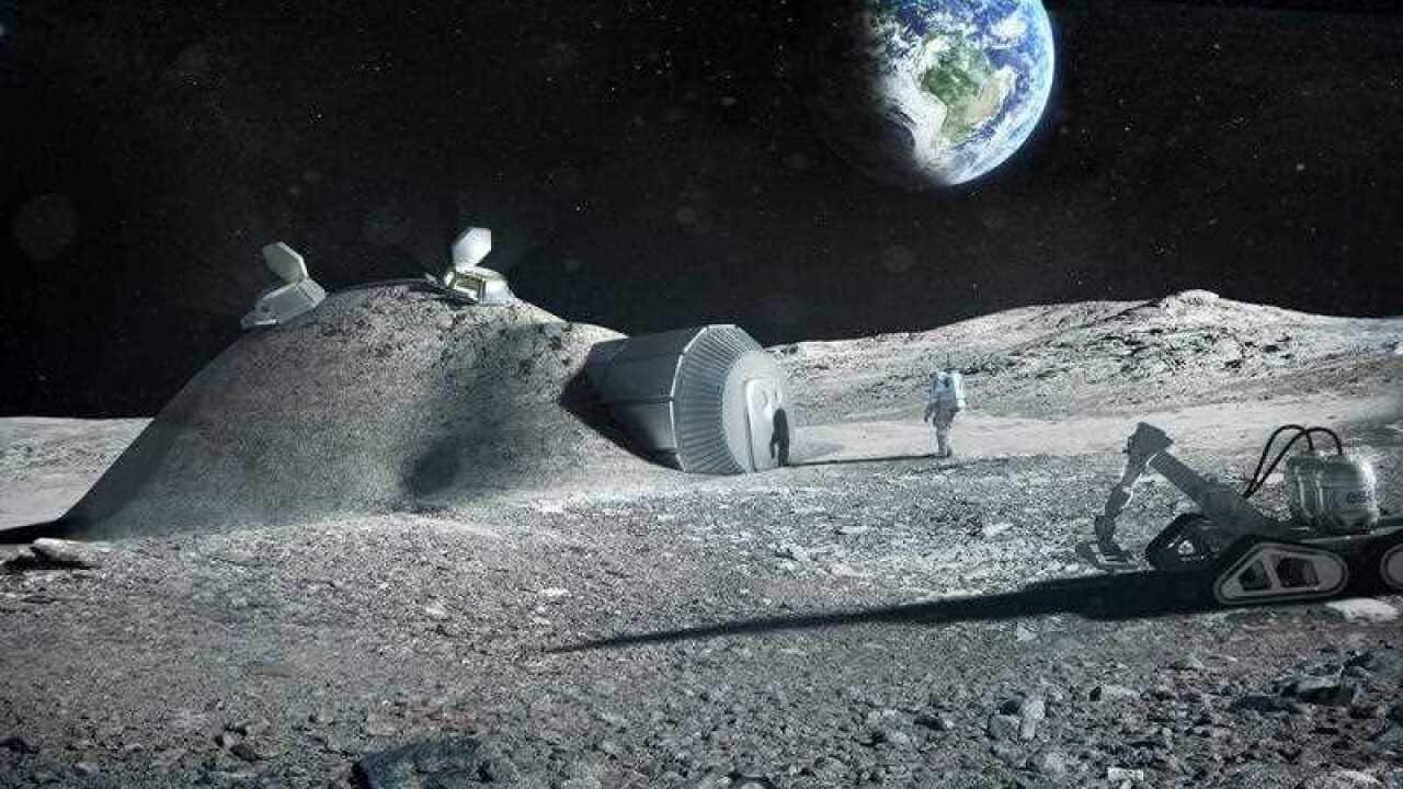 An artist's impression of a possible lunar base made with local materials via a 3D printer.