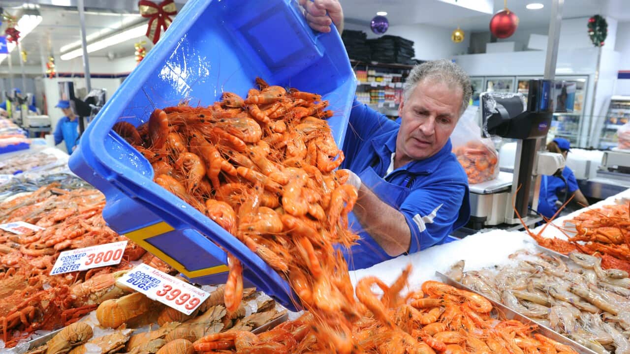 Workers restock prawns at the Sydney Fish Market, in Sydney, Friday, Dec. 23, 2016. The Sydney Fish Markets trade for a marathon 36 hours from 5 am today, in what is the markets' busiest period of trade. (AAP Image/Joel Carrett) NO ARCHIVING