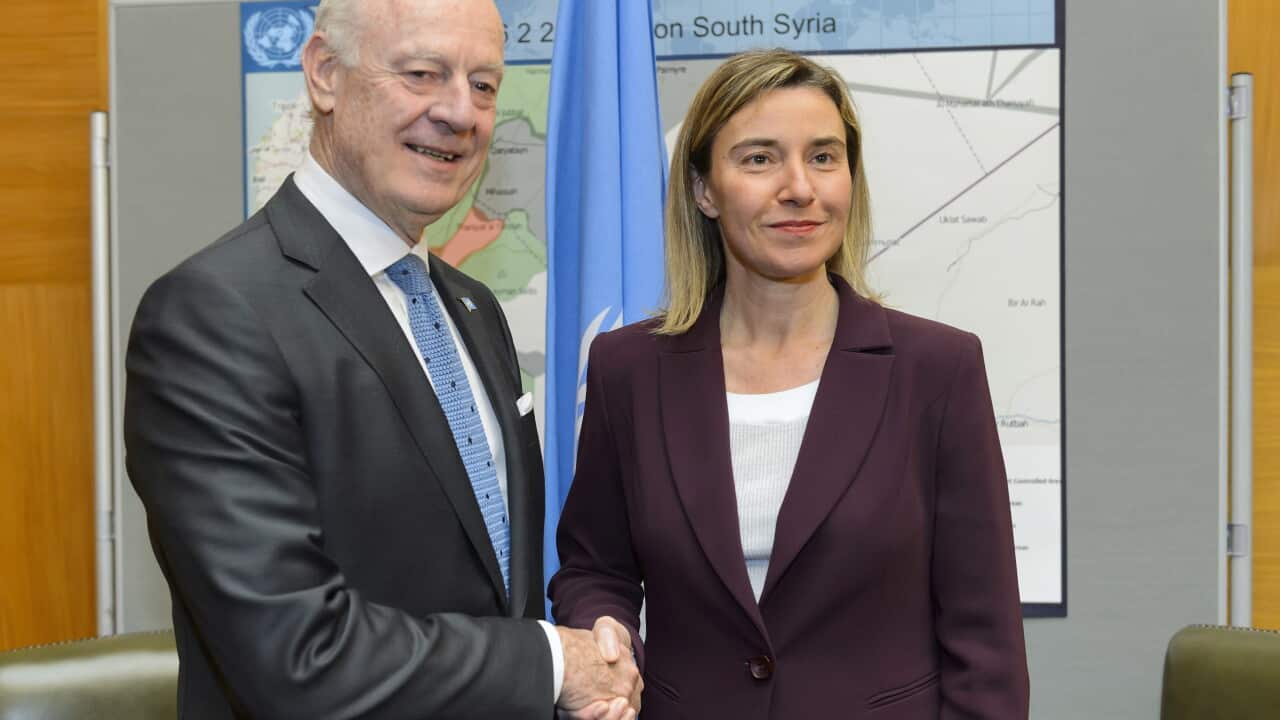 United Nations Special Envoy of the Secretary-General for Syria Staffan de Mistura meets with the European Union Foreign Policy Chief Federica Mogherini.