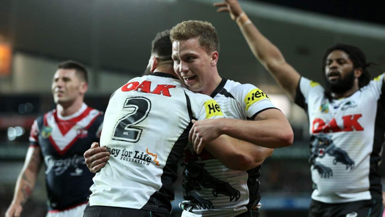 Matt Moylan celebrates with Josh Mansour