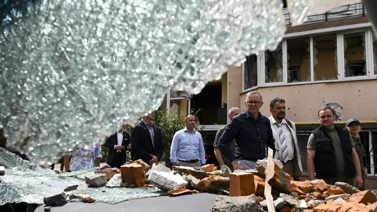 Australian Prime Minister Anthony Albanese tours damaged residential areas in Irpin