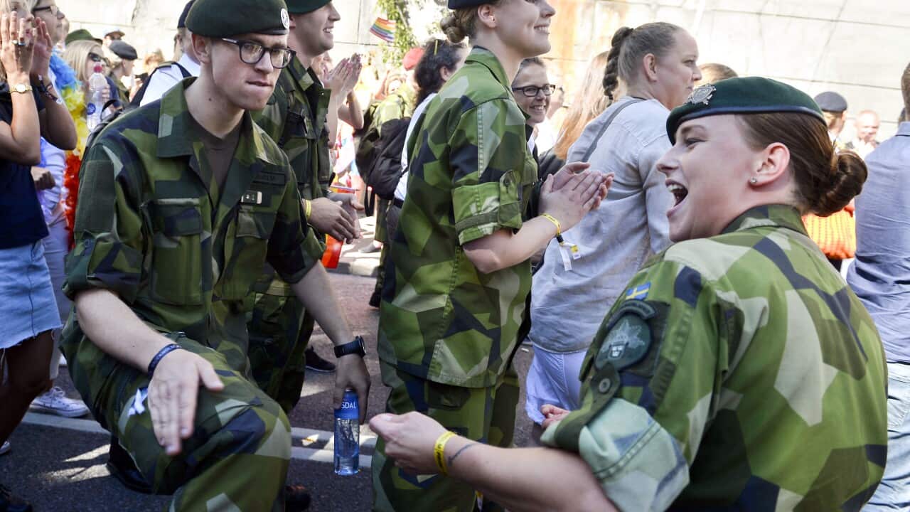 File photo of Swedish Army personnel as they take part in the annual gay Pride Parade in Stockholm.