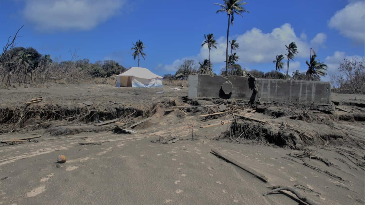 Temporary shelters set up with the aid of Red Cross teams in Kanokupolu, western Tongatapu, Tonga