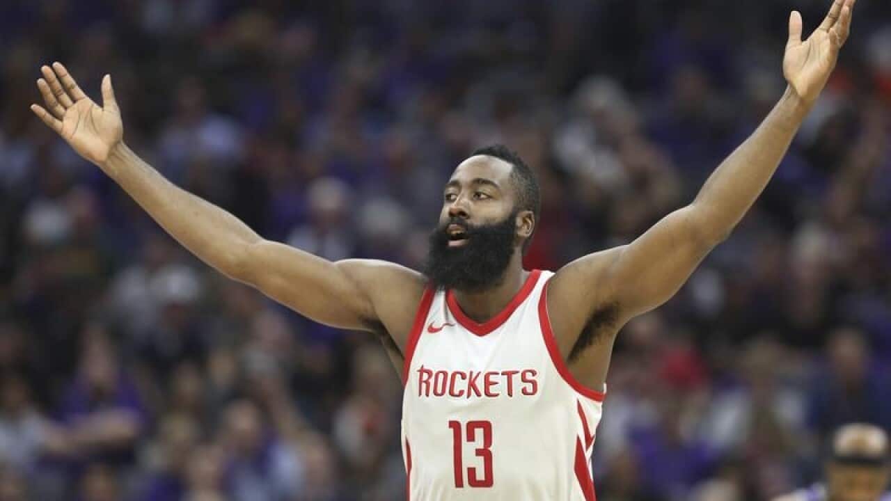 Houston Rockets guard James Harden celebrates