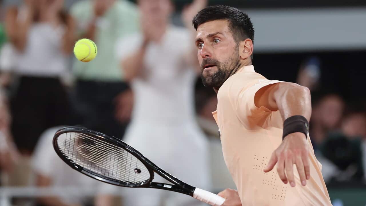 Novak Djokovic of Serbia in action during his Men's 1st round match against Giovanni Mpetshi Perricard of France at the French Open Grand Slam tennis tournament at Roland Garros in Paris, France, 24 May 2026