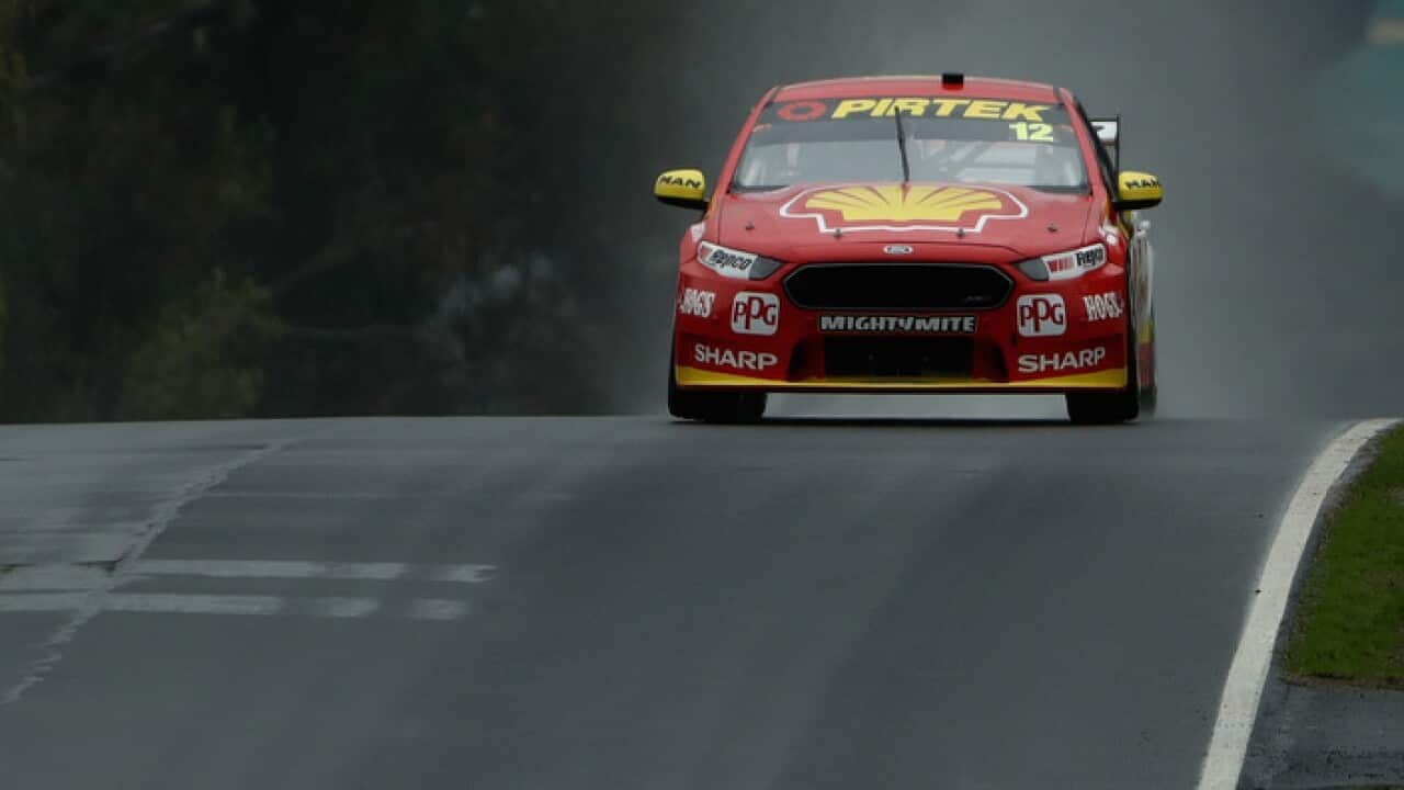 Fabian Coulthard during practice in the wet ahead of the Bathurst 1000