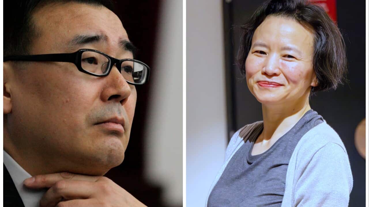 A composite image of a man and a woman.