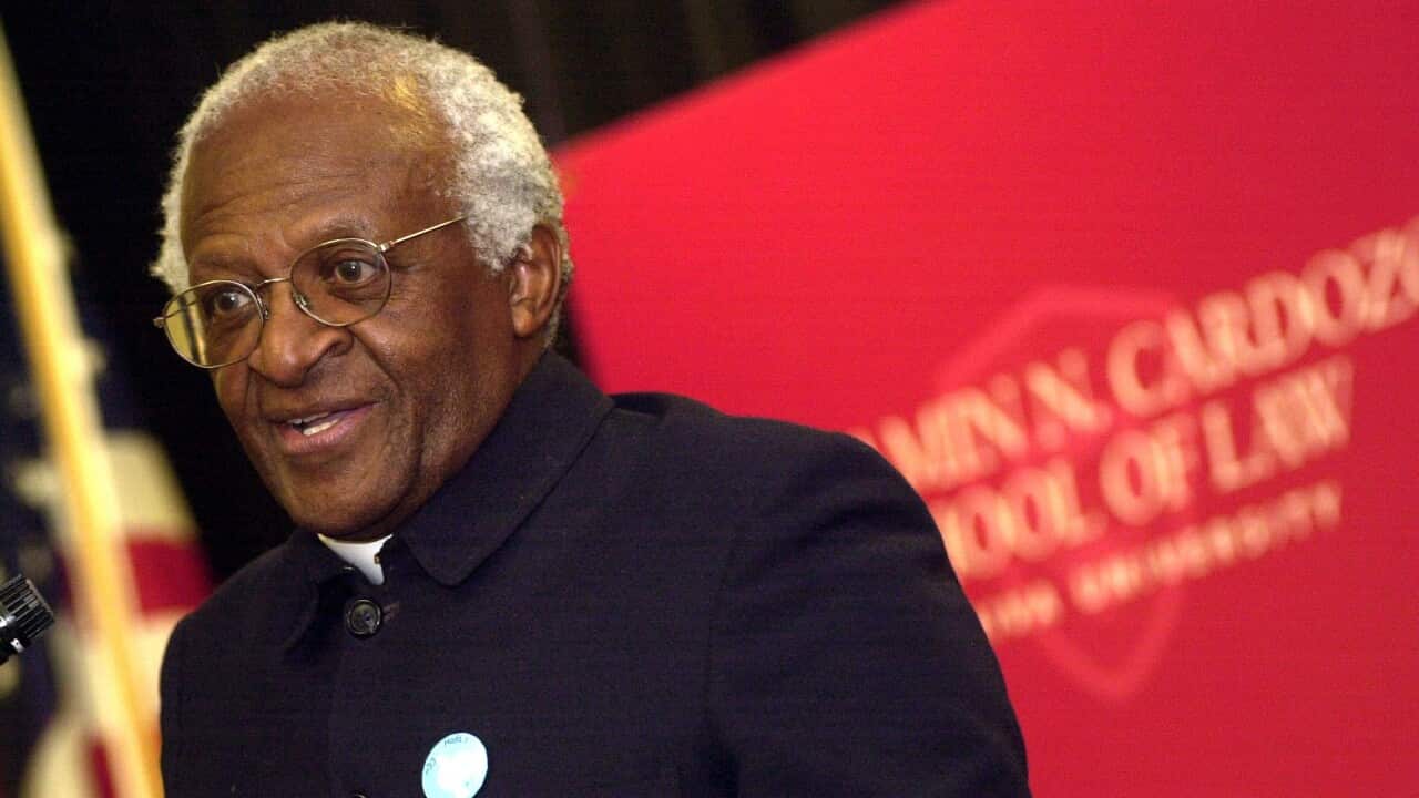 Archbishop Desmond Tutu speaks at the Benjamin Cardozo Law School of Yeshiva University on April 1, 2003 where he received an award from the school. Tutu died on December 26, 2021 in Cape Town, South Africa at the age of 90.(Photo by Richard B. Levine)