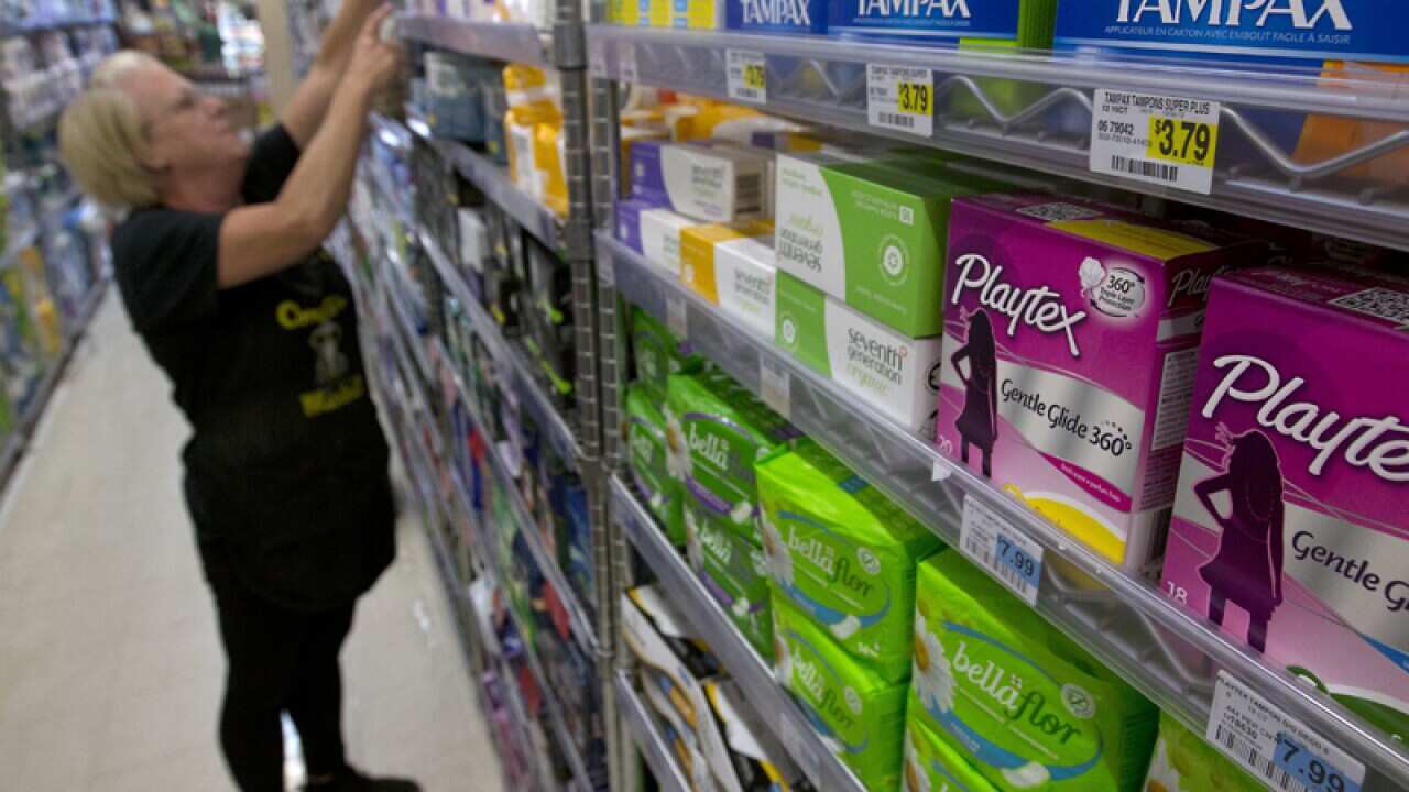 Feminine hygiene products on a supermarket shelf