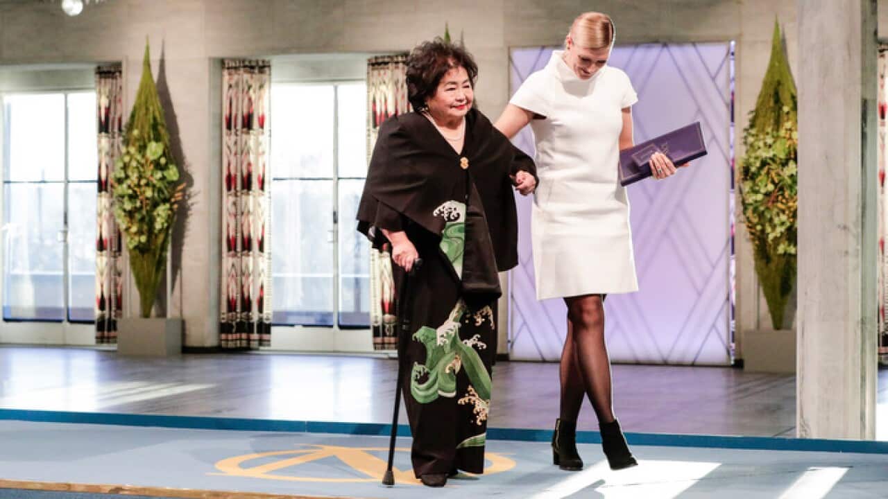 (ICAN), Hiroshima Survivor Setsuko Thurlow, left, and leader of ICAN Beatrice Fihn