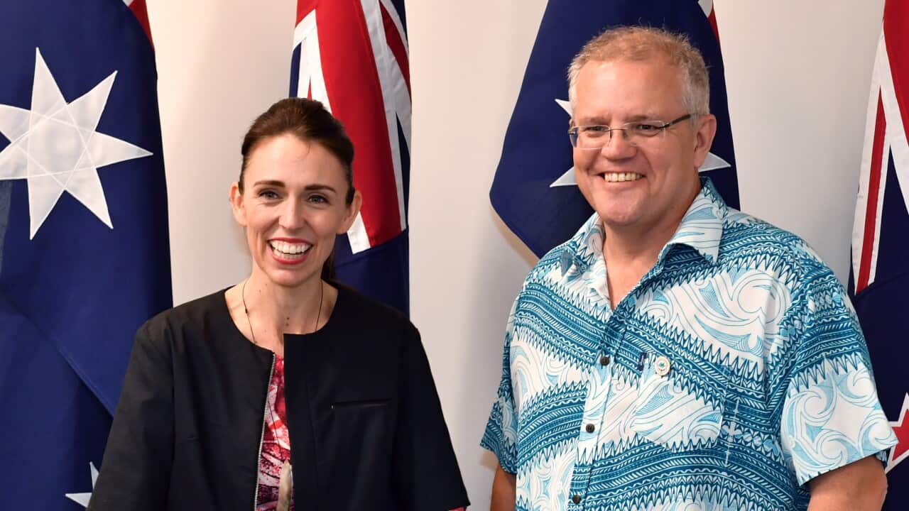 New Zealand's Prime Minister Jacinda Ardern meets with Australia's Prime Minister Scott Morrison for a bilateral meeting during the Pacific Islands Forum in Funafuti, Tuvalu, Wednesday, August 14, 2019. (AAP Image/Mick Tsikas) NO ARCHIVING