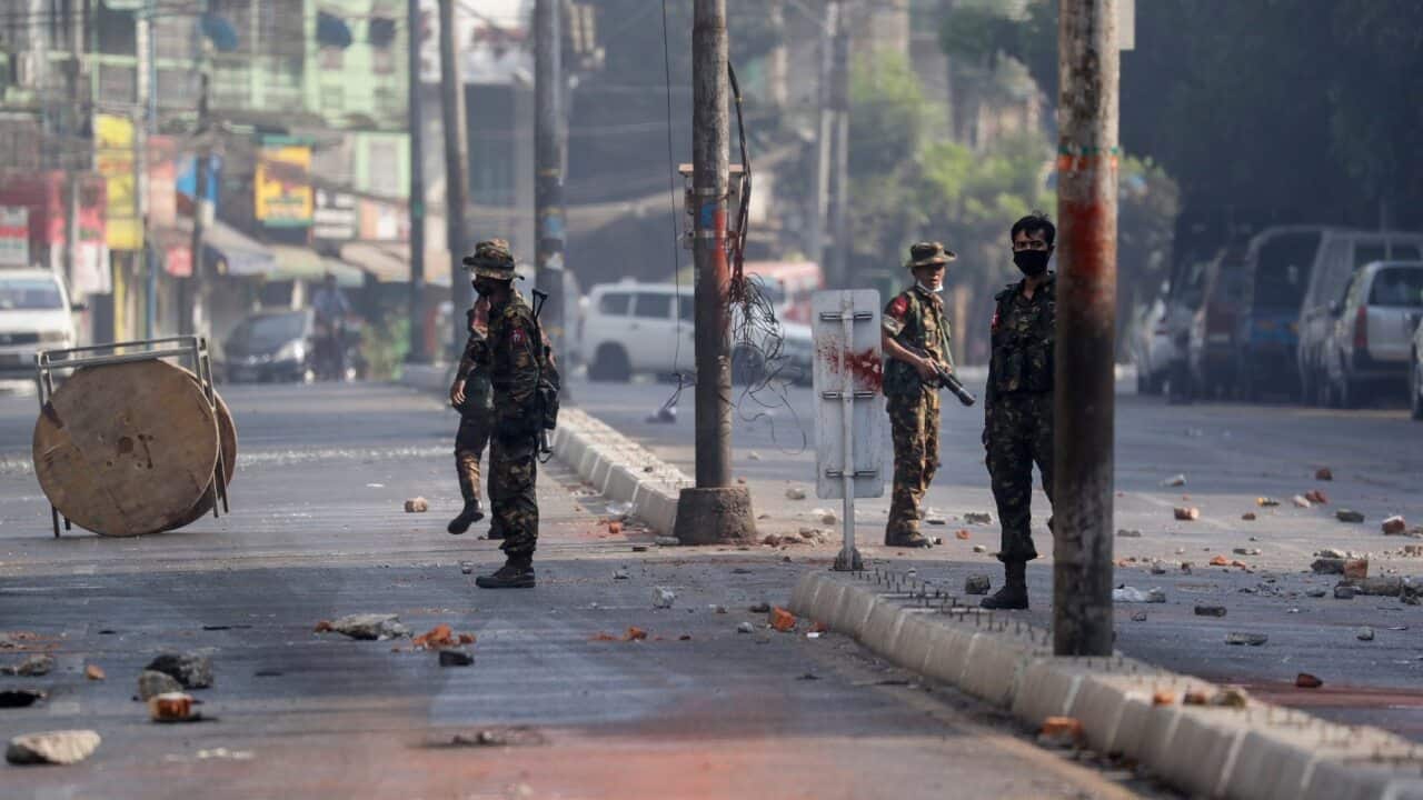 Troops on the streets of Yangon, Myanmar, after the coup