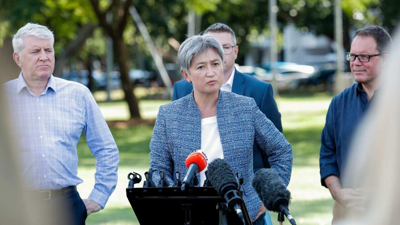 Shadow Foreign Affairs Minister Penny Wong speaks to media at Bicentennial Park on Day 16 of the 2022 federal election campaign in Darwin, Tuesday, April 26, 2022. (AAP Image/George Fragopoulos) NO ARCHIVING