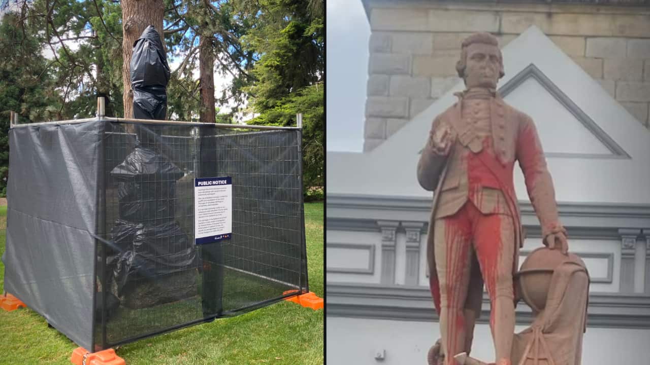 A split image of busts of prime ministers on granite plinths in a garden (left) and a statue of Captain Cook splashed with red paint (right).