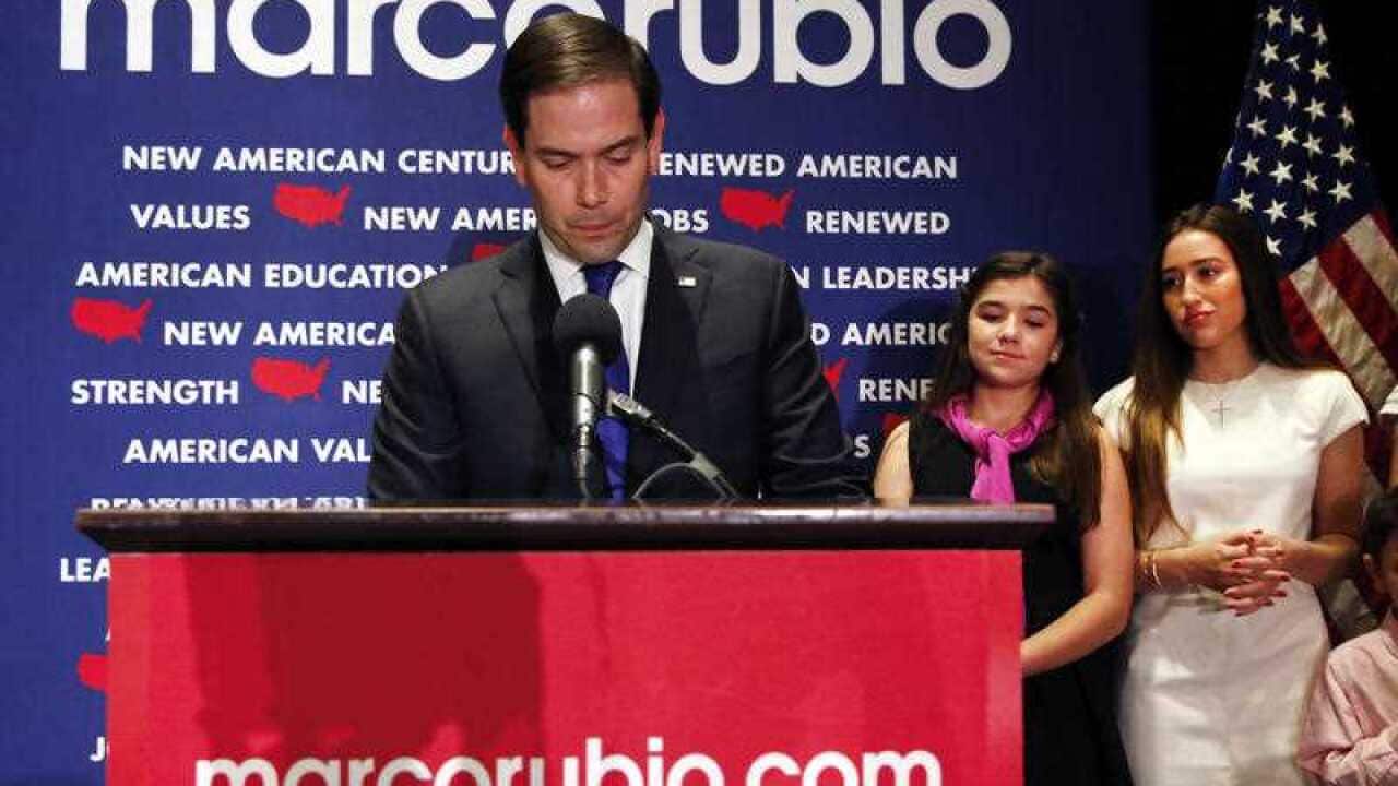 Republican presidential candidate Sen. Marco Rubio, R-Fla., speaks during a Republican primary night celebration rally at Florida International University.