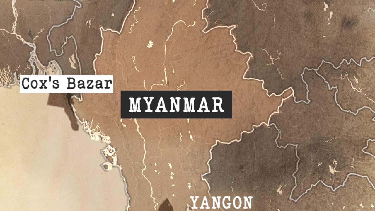 A map depicting Yangon in Myanmar and Cox's Bzar in neighbouring Bangladesh.