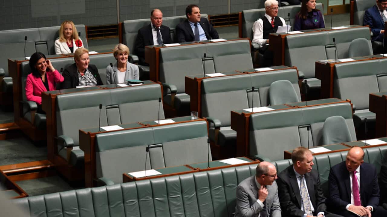 Liberal members Julia Banks, Ann Sudmalis and Julie Bishop in the House of Representatives at Parliament House in Canberra.