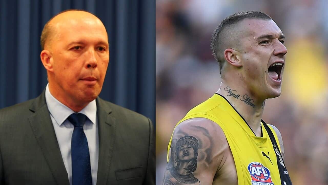 File image of Peter Dutton and Dustin Martin of the Richmond Tigers 