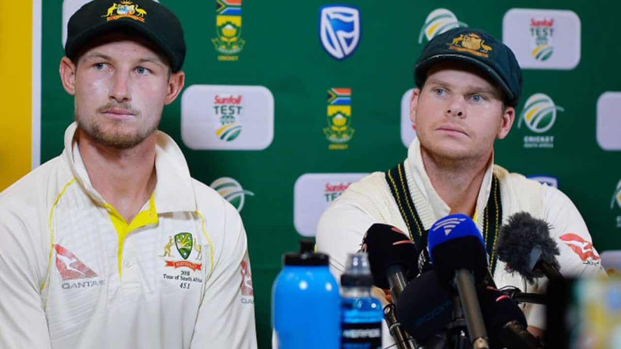 Steven Smith (capt) and Cameron Bancroft (L) of Australia