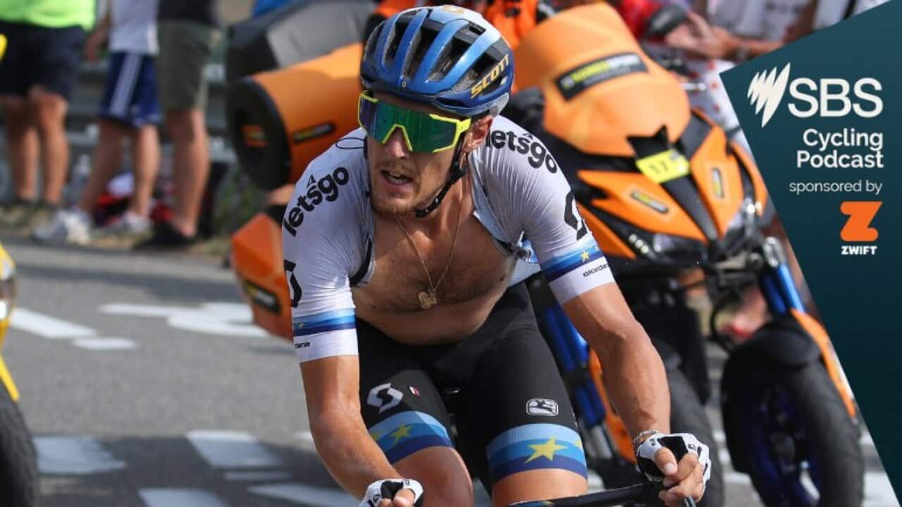 Matteo Trentin celebrates as he crosses the finish line of Stage 17