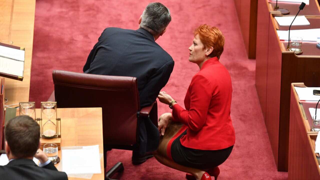 Minister for Finance Mathias Cormann and One Nation leader Senator Pauline Hanson before the Income Tax vote in the Senate