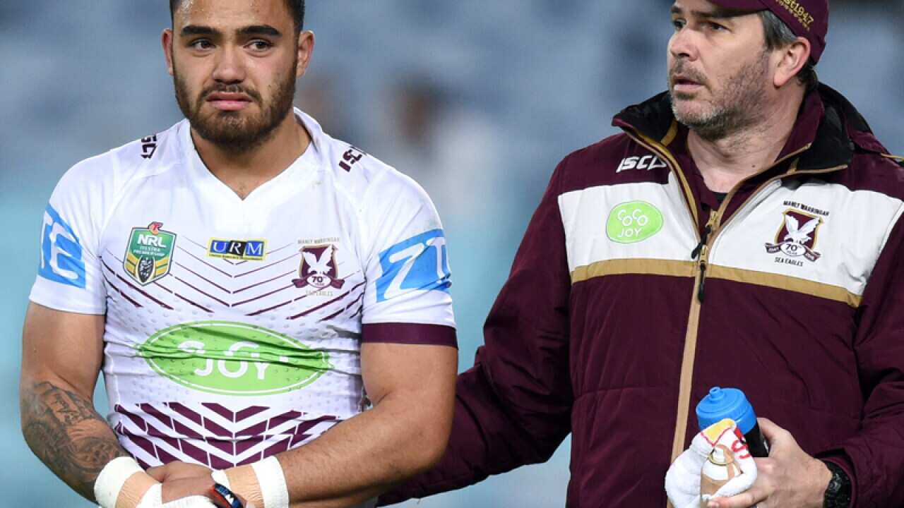 Dylan Walker (left) of the Sea Eagles
