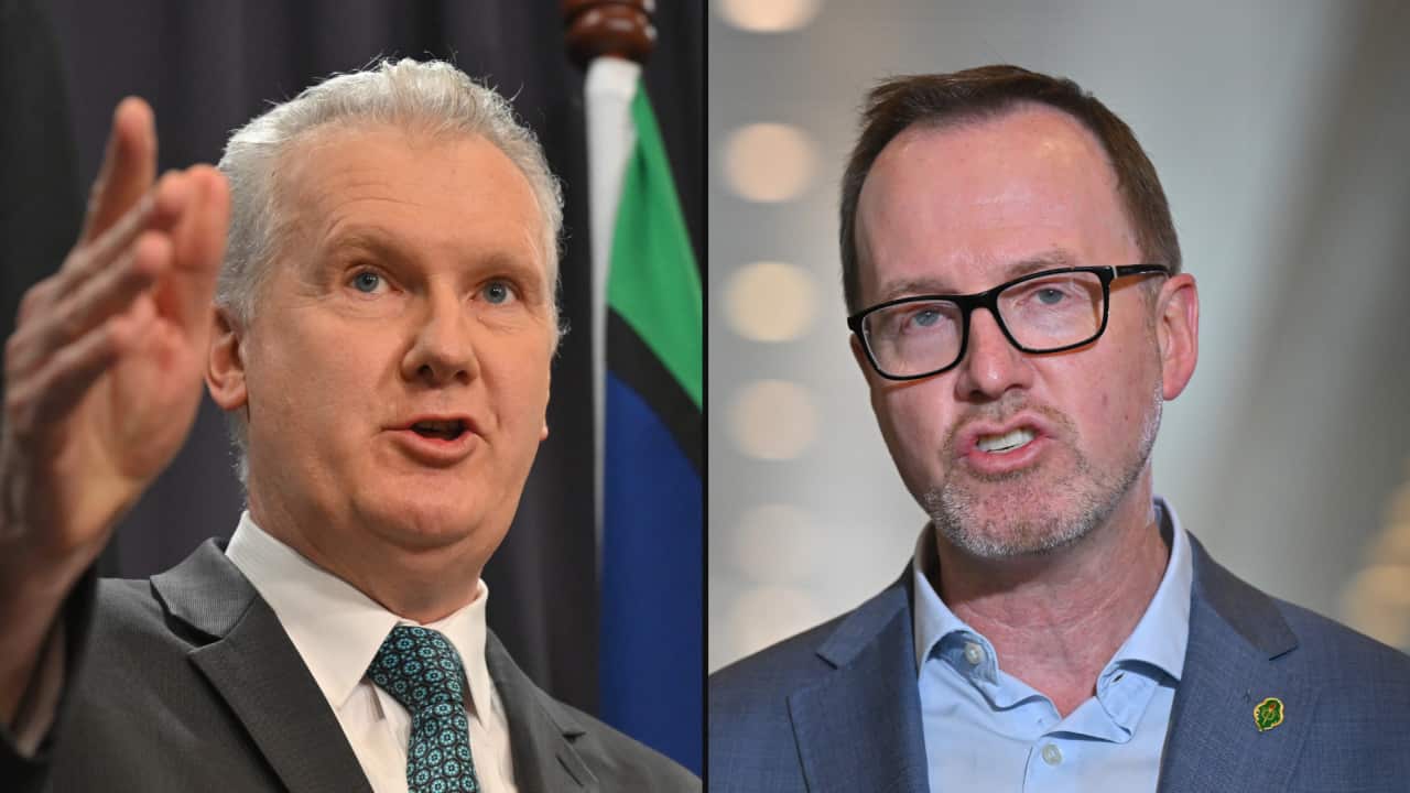 A split image of two men, mid-speech.