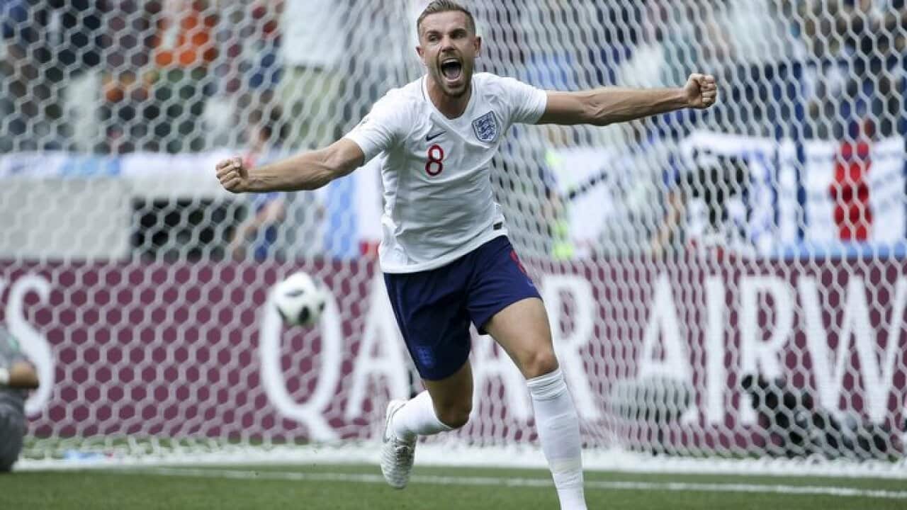 2. NIZHNIY NOVGOROD, RUSSIA - JUNE 24: Jordan Henderson of England celebrates the first goal during the 2018 FIFA World Cup Russia group G match between England and Panama at Nizhniy Novgorod Stadium on June 24, 2018 in Nizhniy Novgorod, Russia. (Photo by