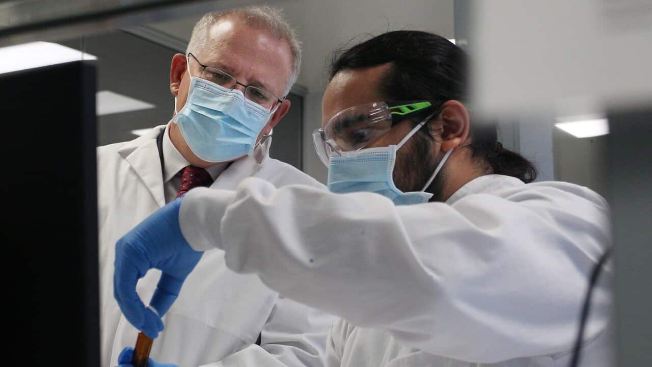Prime Minister Scott Morrison visiting AstraZeneca laboratories in Sydney.