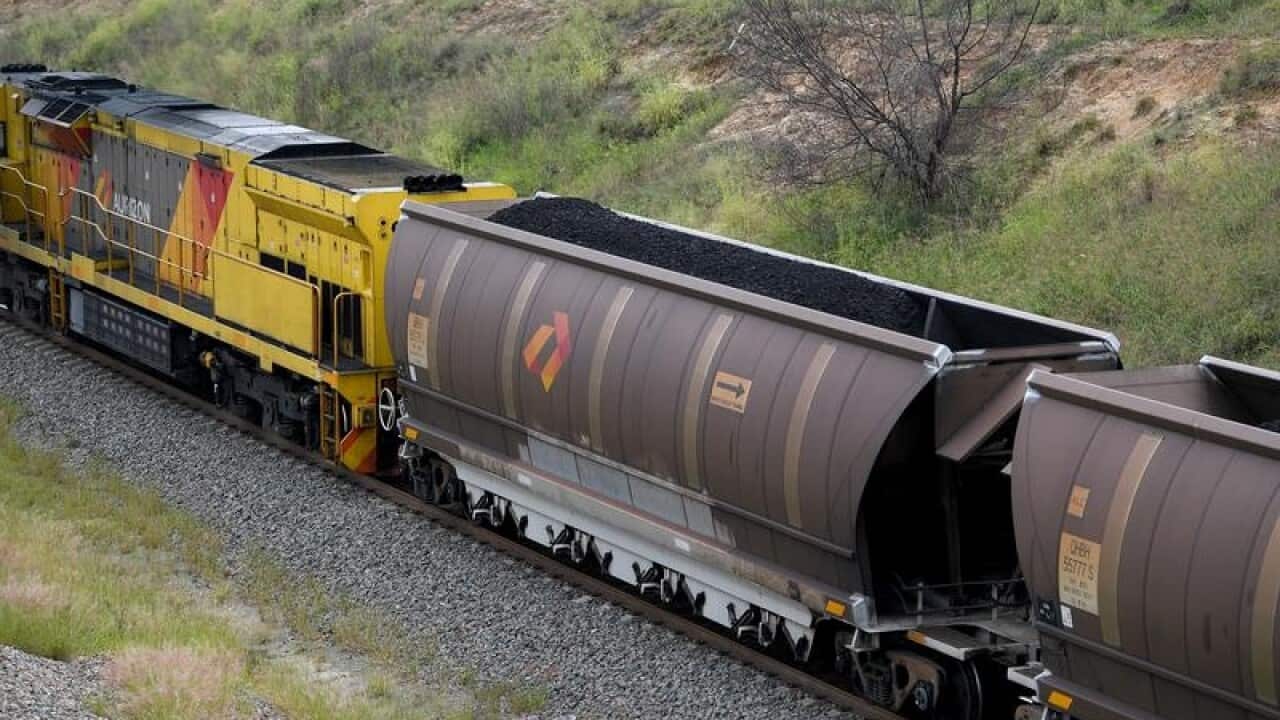 A coal train is seen passing through the outskirts of Singleton.
