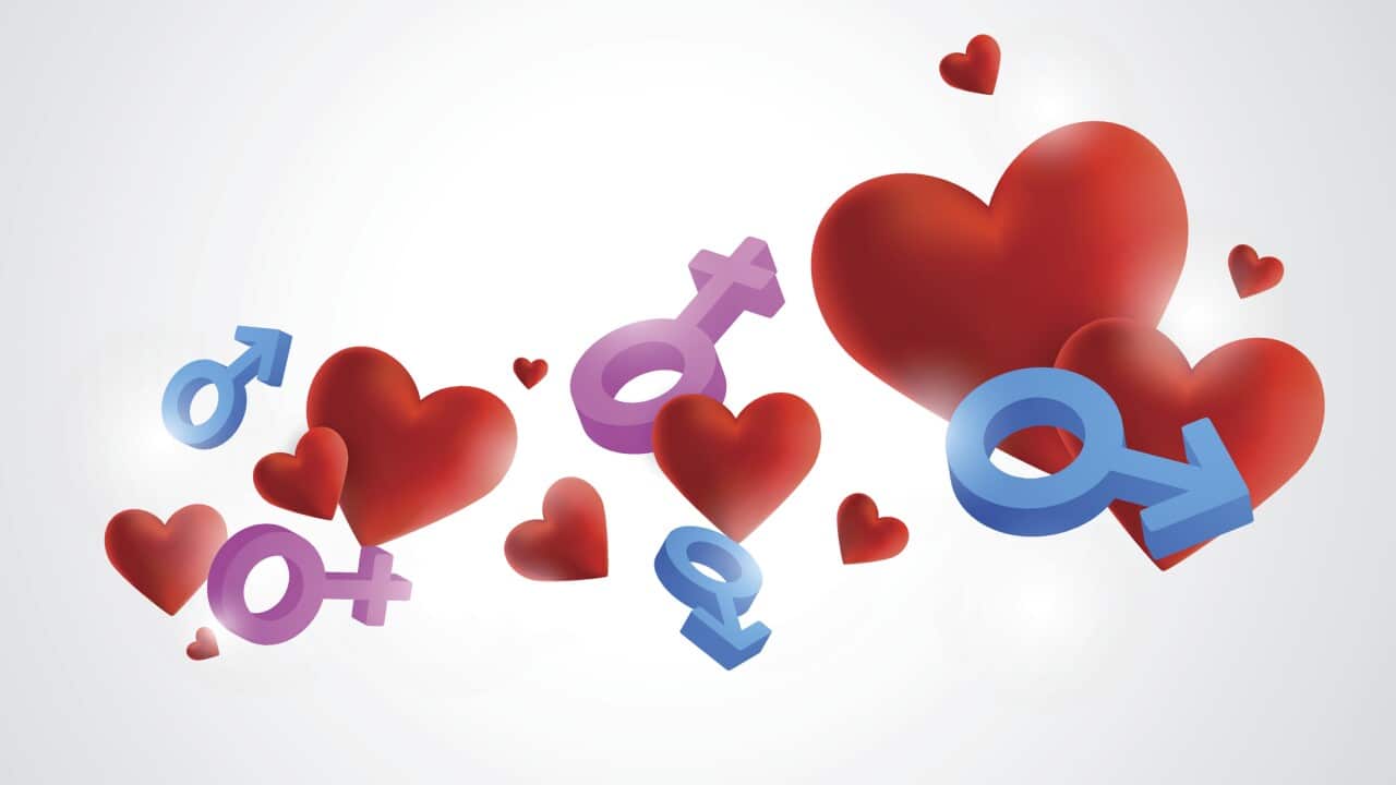 Abstract hearts and gender symbols
