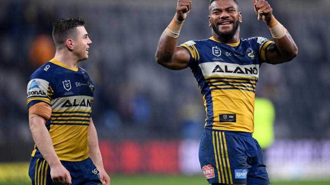 Maika Sivo gesture to the crowd following the Round 11 NRL match between the Parramatta Eels and Wests Tigers at Bankwest Stadium in Sydney, Thursday, July 23, 2020. ()