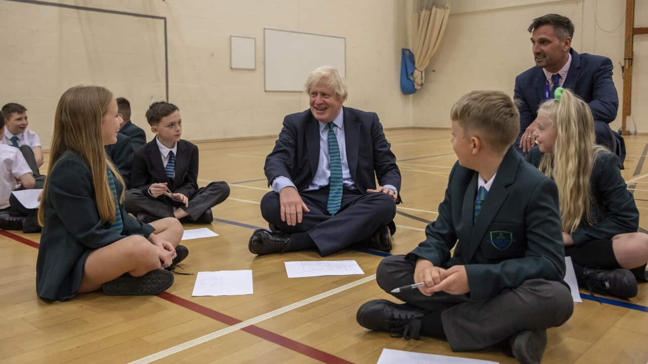 Prime Minister Boris Johnson visits Castle Rock school, Coalville, East Midlands, on the pupil's first day back.
