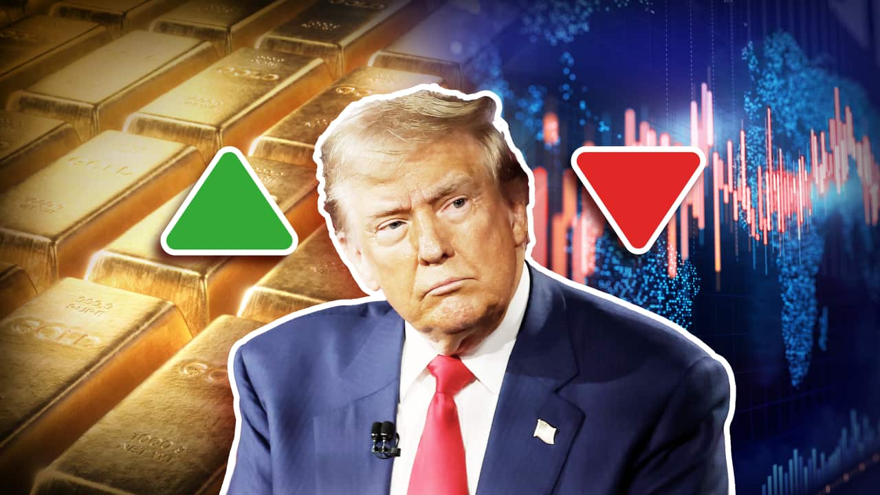 Donald Trump next to gold bullions with up and down arrows.