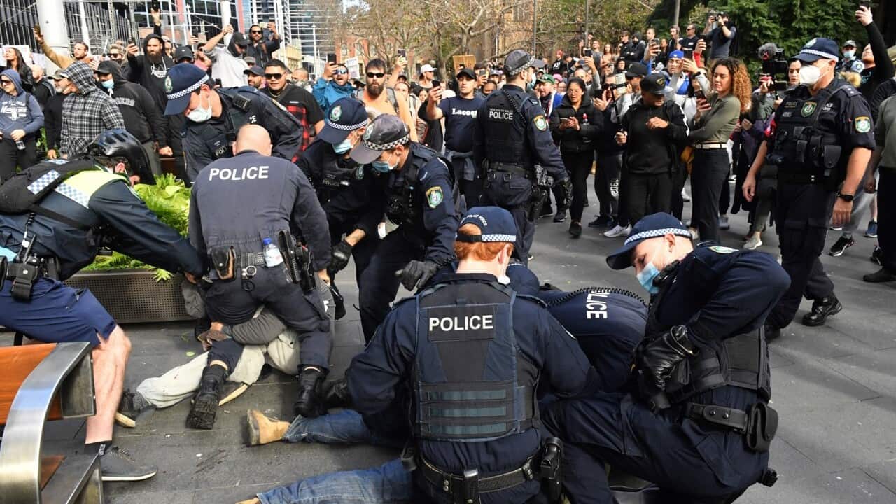 Police and anti-lockdown protesters on the streets of Sydney (AAP)