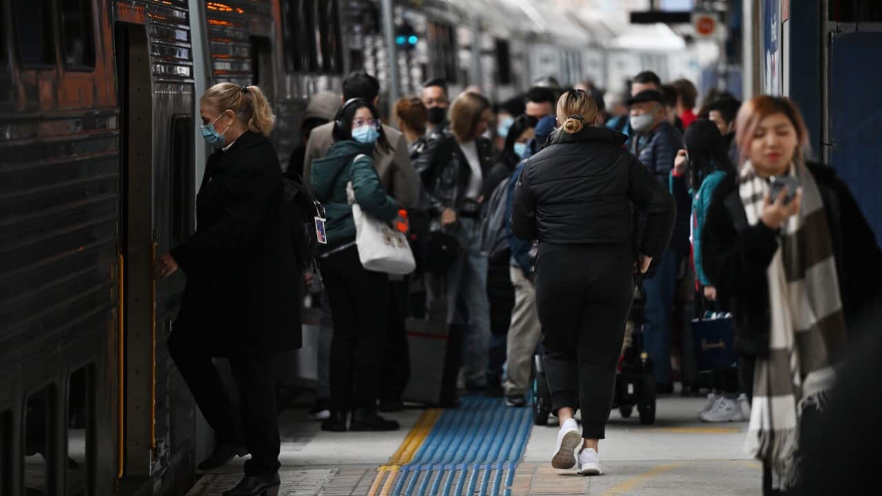 A crowd on people on a train station platform.