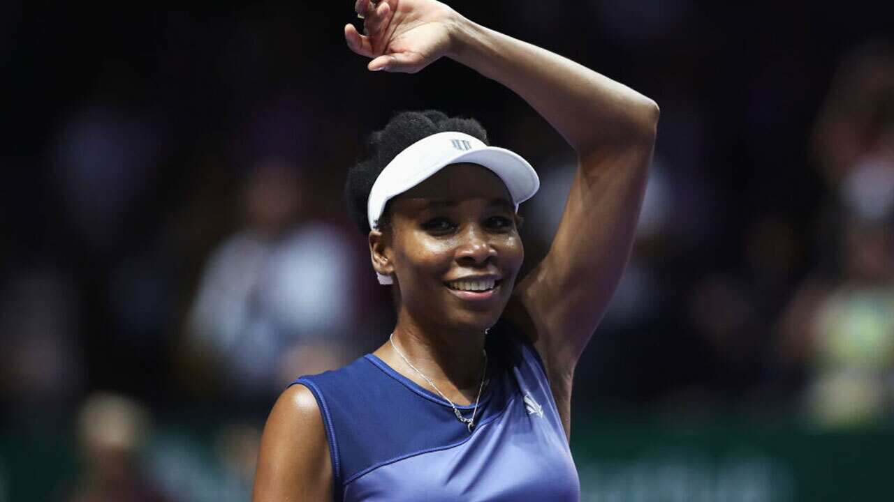Venus Williams of the United States celebrates victory in her singles semi final match against Caroline Garcia of France.