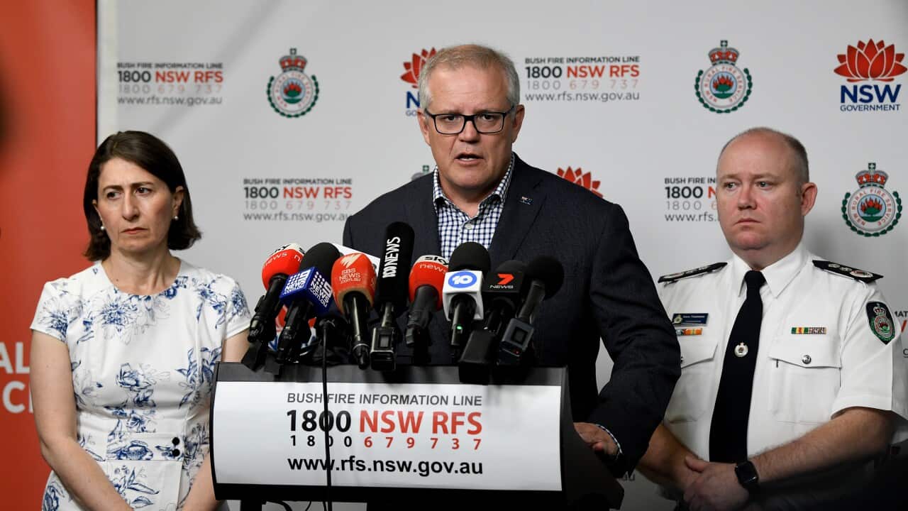 Gladys Berejiklian, Scott Morrison Shane Fitzsimmons speak to the media during a press conference at NSW Rural Fire Service (RFS) Headquarters.