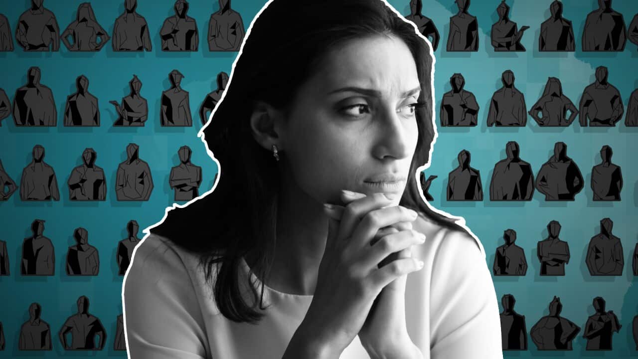 A graphic with the backdrop of people and a woman in the foreground